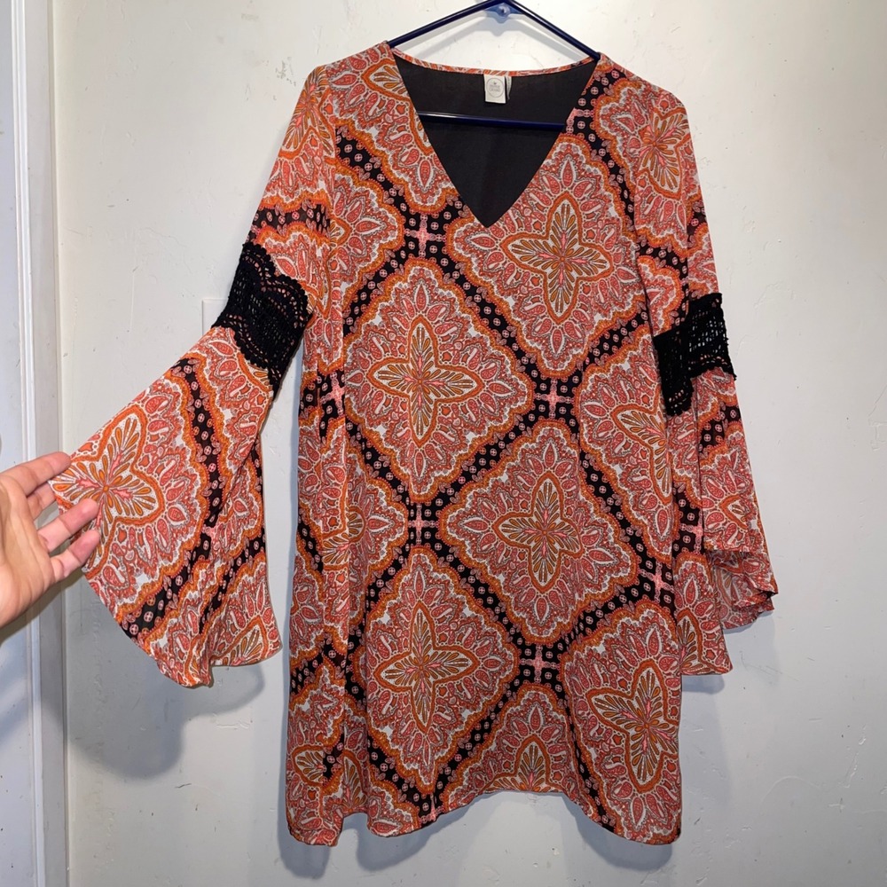 Paper Crane Boho Paisley Bell Sleeve Mini Dress Orange Pink Black Crochet Small